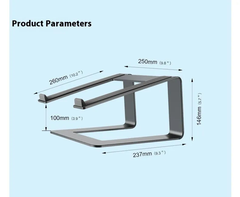 Black aluminium alloy laptop stand on a desk, showing its raised platform and dimensions.