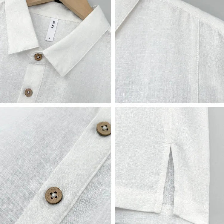 Men's light linen short sleeve top with thin lapels in a loose fit, shown in gray green.