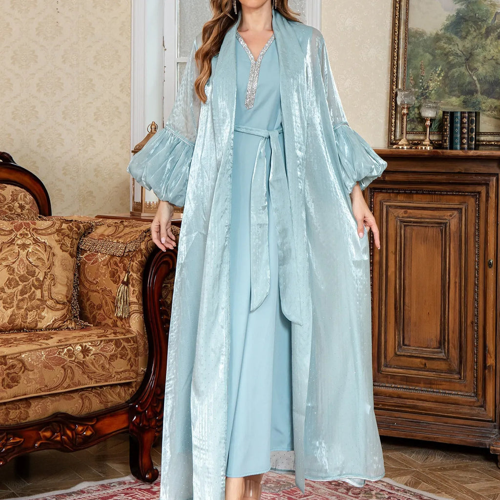 Dubai Arabic two-piece dress set in blue with rhinestone straps and long sleeves