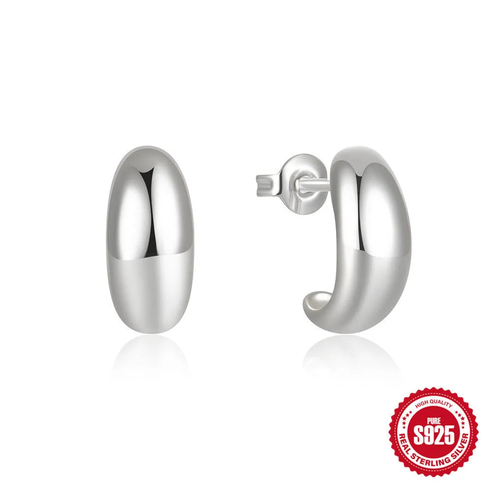 C-shaped 925 sterling silver ring stud earrings with glossy electroplated finish in gold or white gold colour options