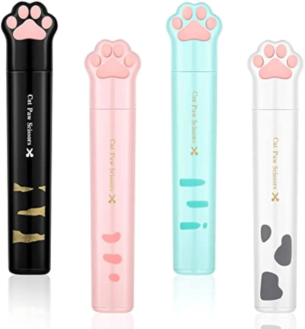 Small stainless steel folding scissors with cat paw handles shown in pink, blue, black, and white.