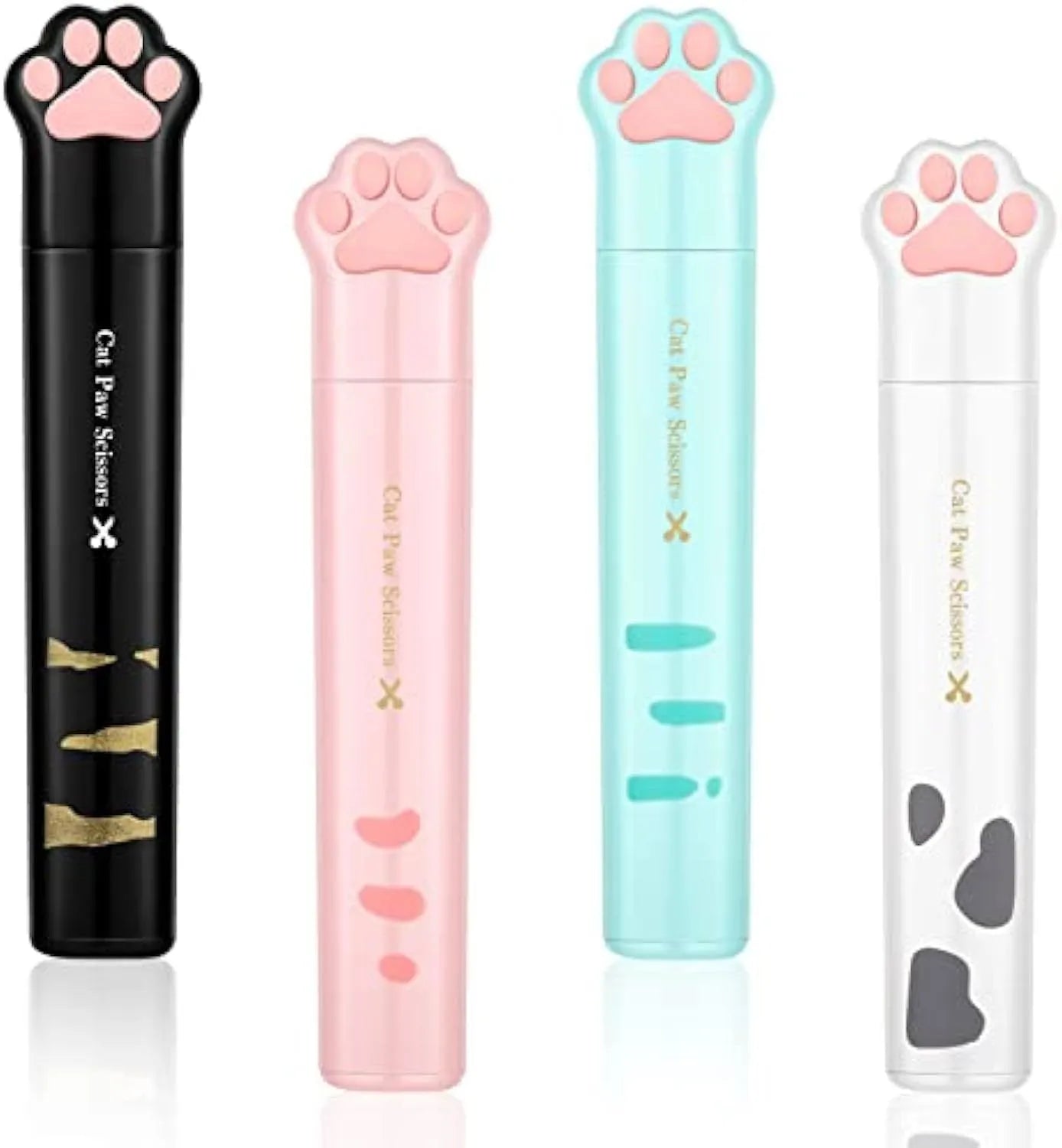 Small stainless steel folding scissors with cat paw handles shown in pink, blue, black, and white.