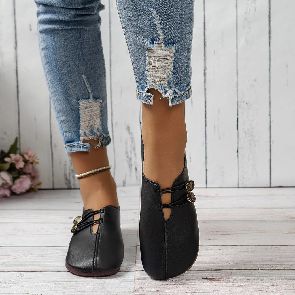 Women's casual square toe slip-on button loafers in artificial PU with TPR sole