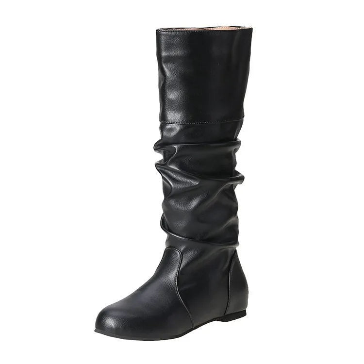 Women's slip-on knee high flat boots in artificial PU upper with round toe and rubber sole