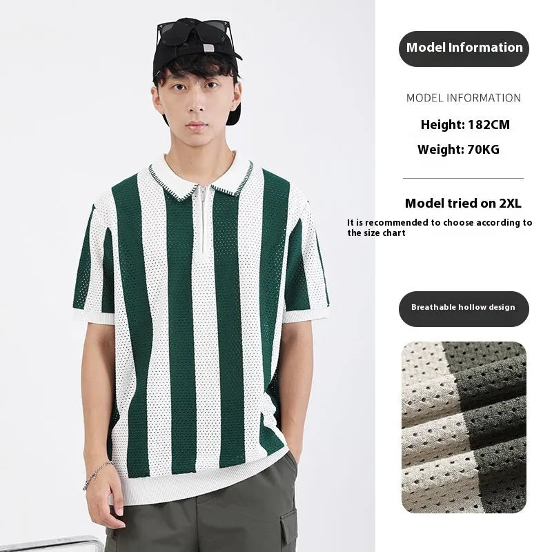 Men's black and white striped short sleeve ice silk sweater with a decorative zip.
