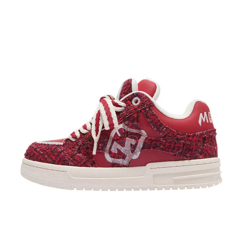 Women's creative all-match printed flat sneakers in M018 classic red with two-layer cowhide upper and platform heel
