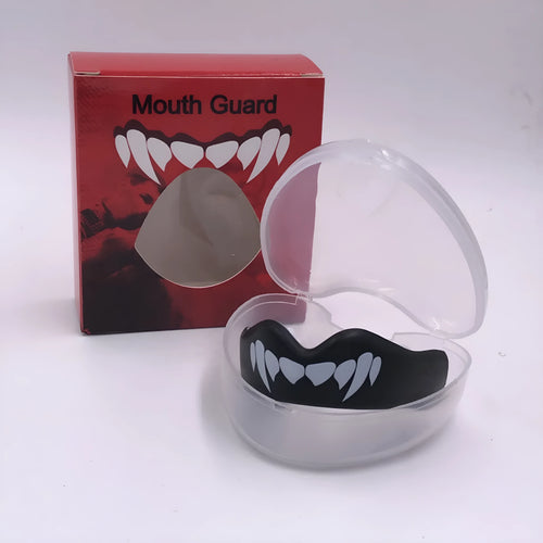 Adult boxing mouthguard with tooth socket design in black and white printed teeth pattern
