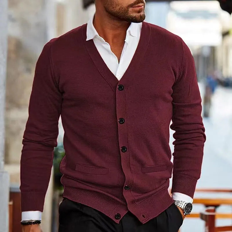Men's slim fit acrylic cardigan sweater coat in dark gray colour showing long sleeve design