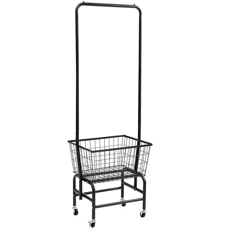 White single rod iron pulley storage car on wheels with clothes hangers.
