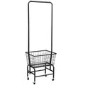 White single rod iron pulley storage car on wheels with clothes hangers.