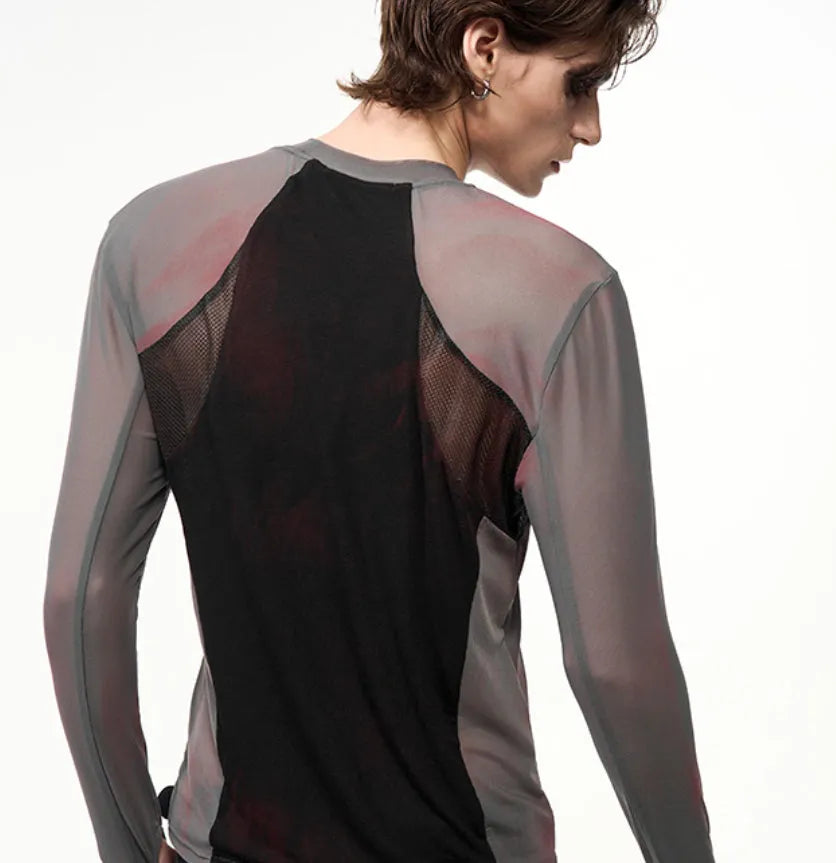 Women's tight mesh stitching long sleeve top in Korean style with round neck and regular length