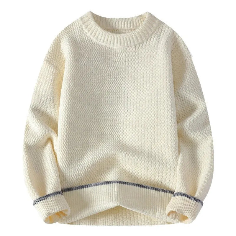 Men's loose fit knit sweater in polyester blend fabric showing round neck and long sleeve design