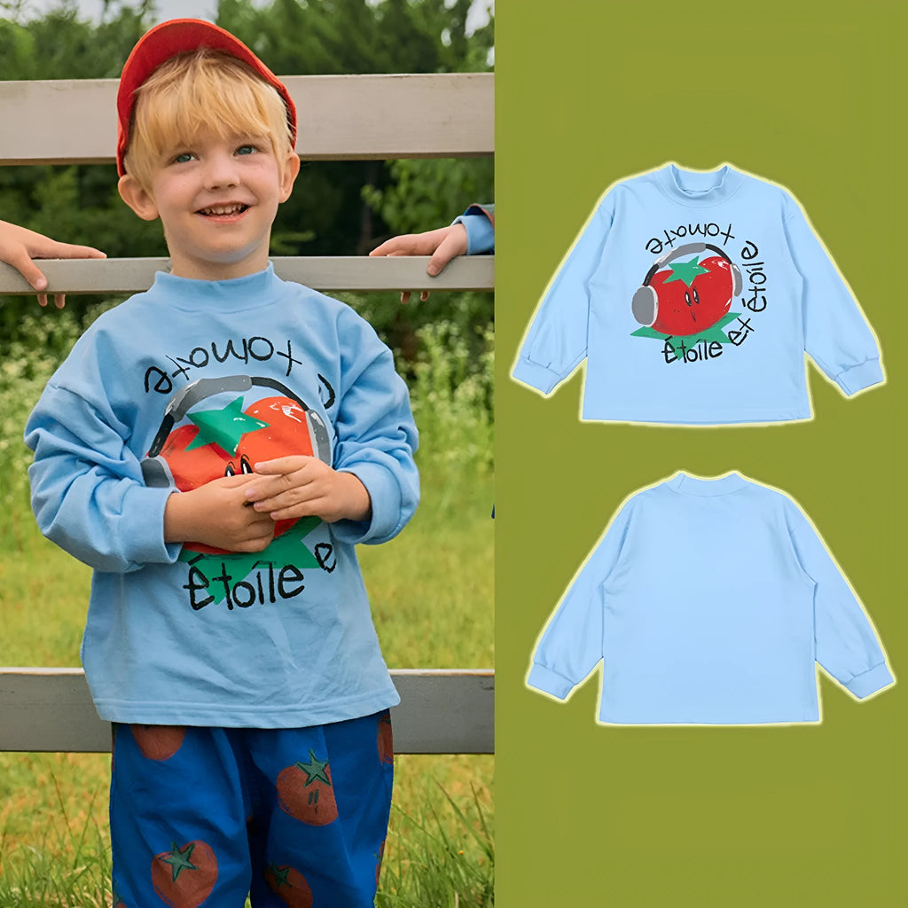Children's casual loose cotton cartoon print long sleeve pullover top in Korean style, available in multiple sizes from 90cm to 150cm
