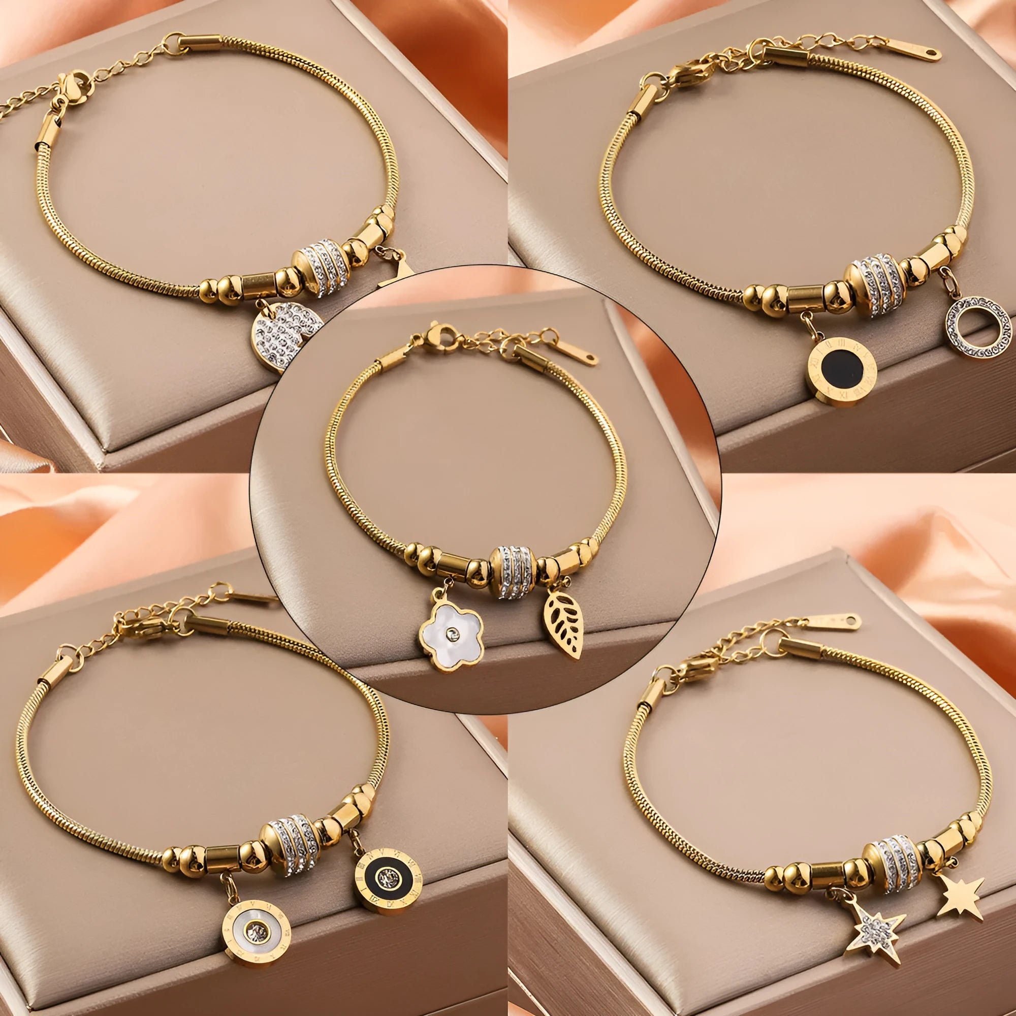 Titanium steel bracelet with electroplated colour and an inlaid shell design, showing pattern options like a five-pointed star.