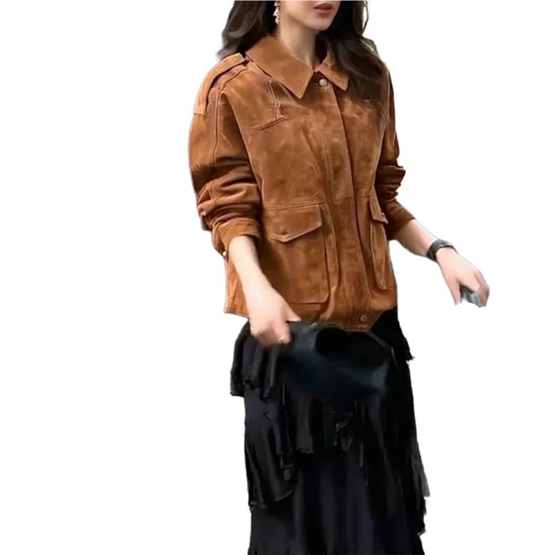 Women's bright brown suede-effect polyester coat with regular sleeves on hanger