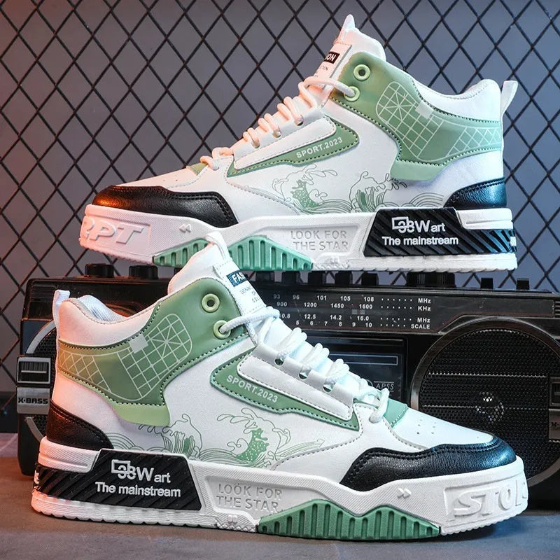 Men's beige, white and blue high-top lace-up board sneakers with a flat rubber sole.