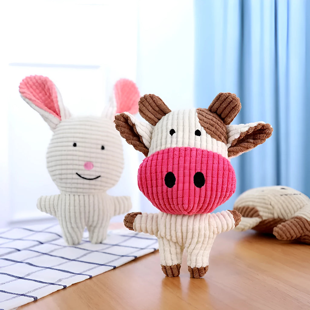 Animal shape plush dog chew toy with squeaker sound in multiple colour options