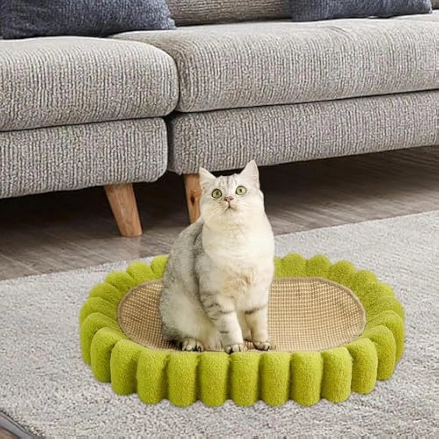 Green oval cat scratcher bed with sisal scratching surface measuring 65x42cm