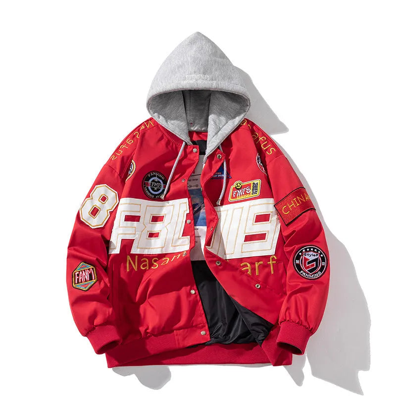 Black red blue motorcycle baseball uniform with hood and cotton padding for autumn winter riding