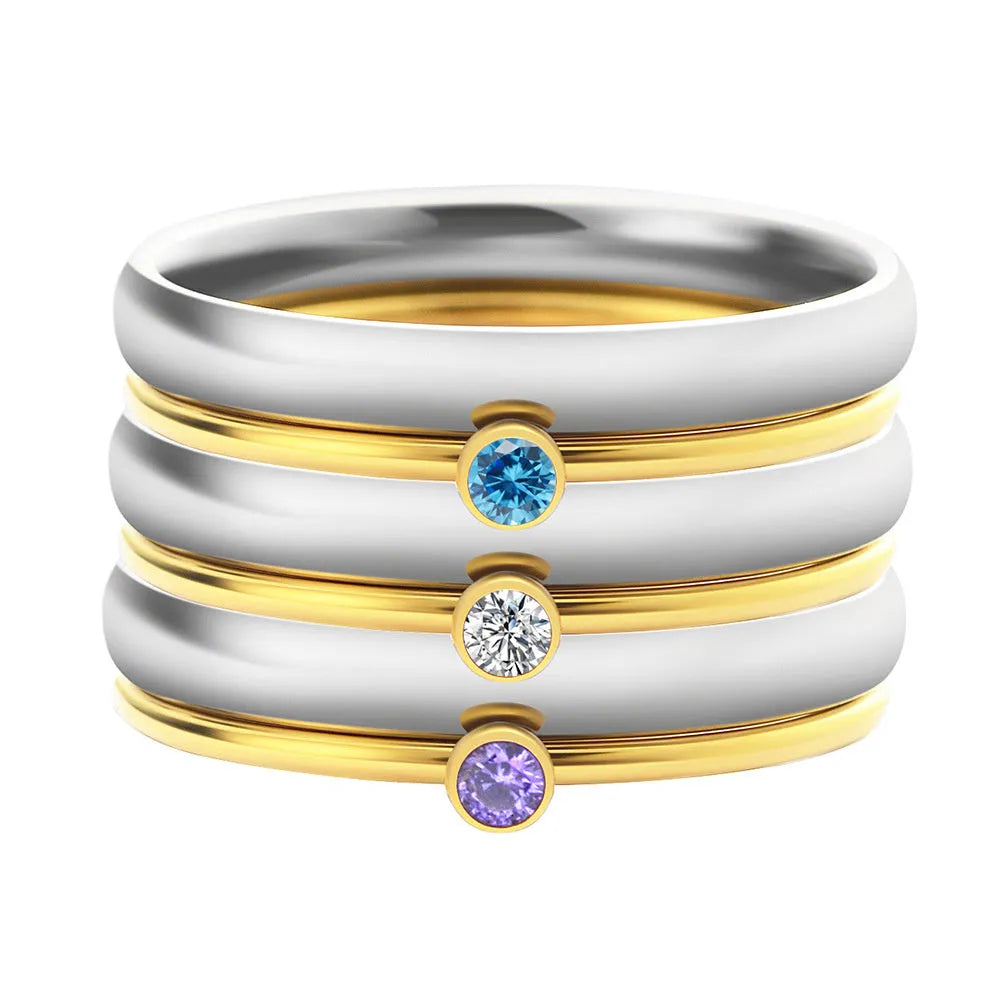 December birthstone titanium steel ring with engraved geometry design shown in electroplated colour finish