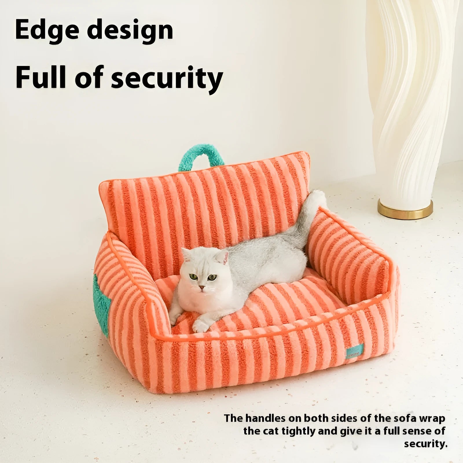 Striped soft velvet dog bed with removable cover in orange, purple, and yellow colour options.