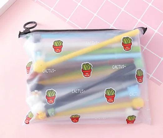 Marvel-themed 20 black gel pens with cartoon cactus designs in plastic storage case