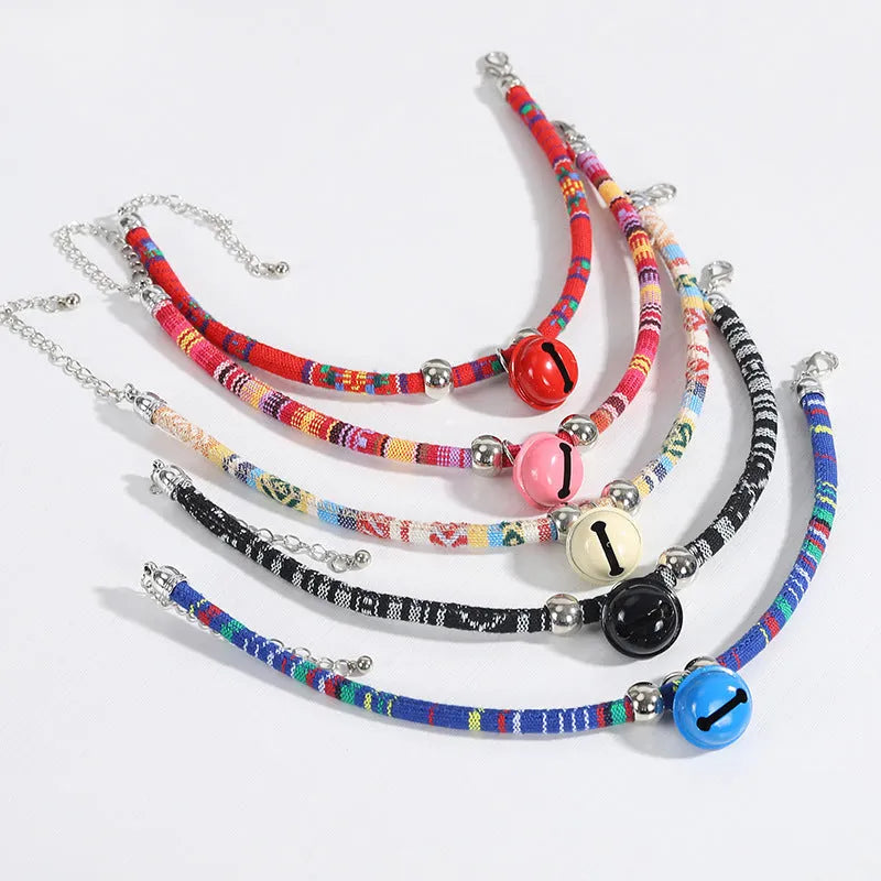 Ethnic-style adjustable pet collar with bell decoration in multiple colour options