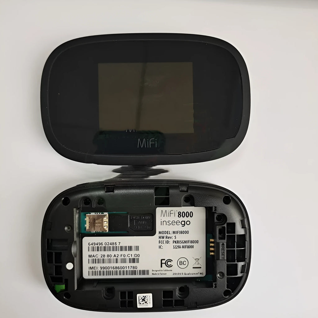 Black MiFi8000 4G portable wireless router with battery and data cable.