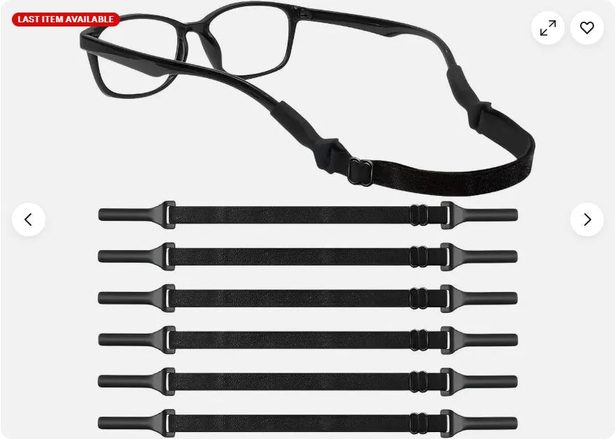 Black adjustable glasses cord with silicone ends shown fitted to a pair of spectacles