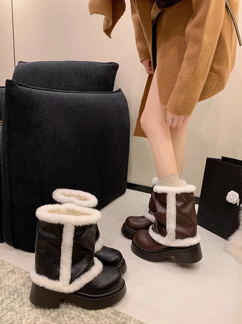 Women's winter faux fur lined short boots with thick sole and plush trim in black