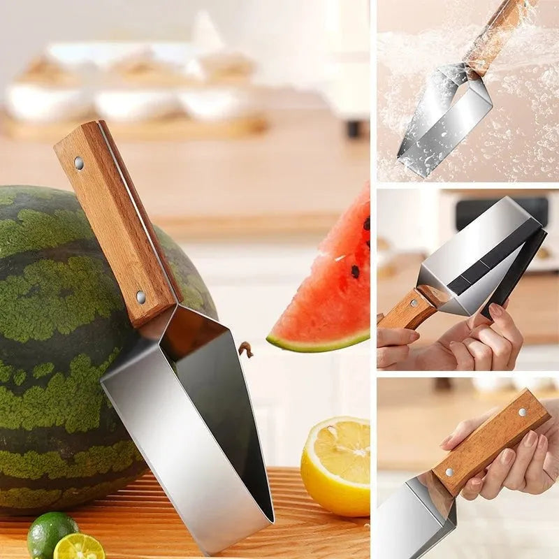 Stainless steel watermelon splitter with triangle cutting piece and protective cover on a kitchen counter.