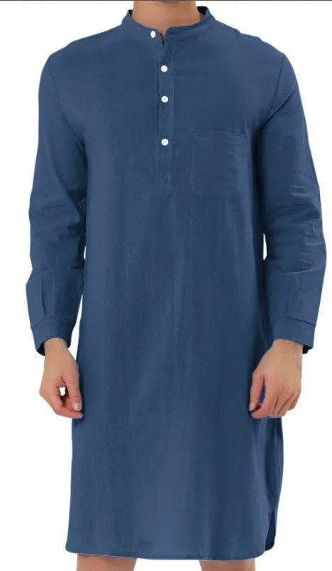 Men's cotton shirt robe shown in multiple colour options including Lake Blue, Light Khaki, White, and Black.