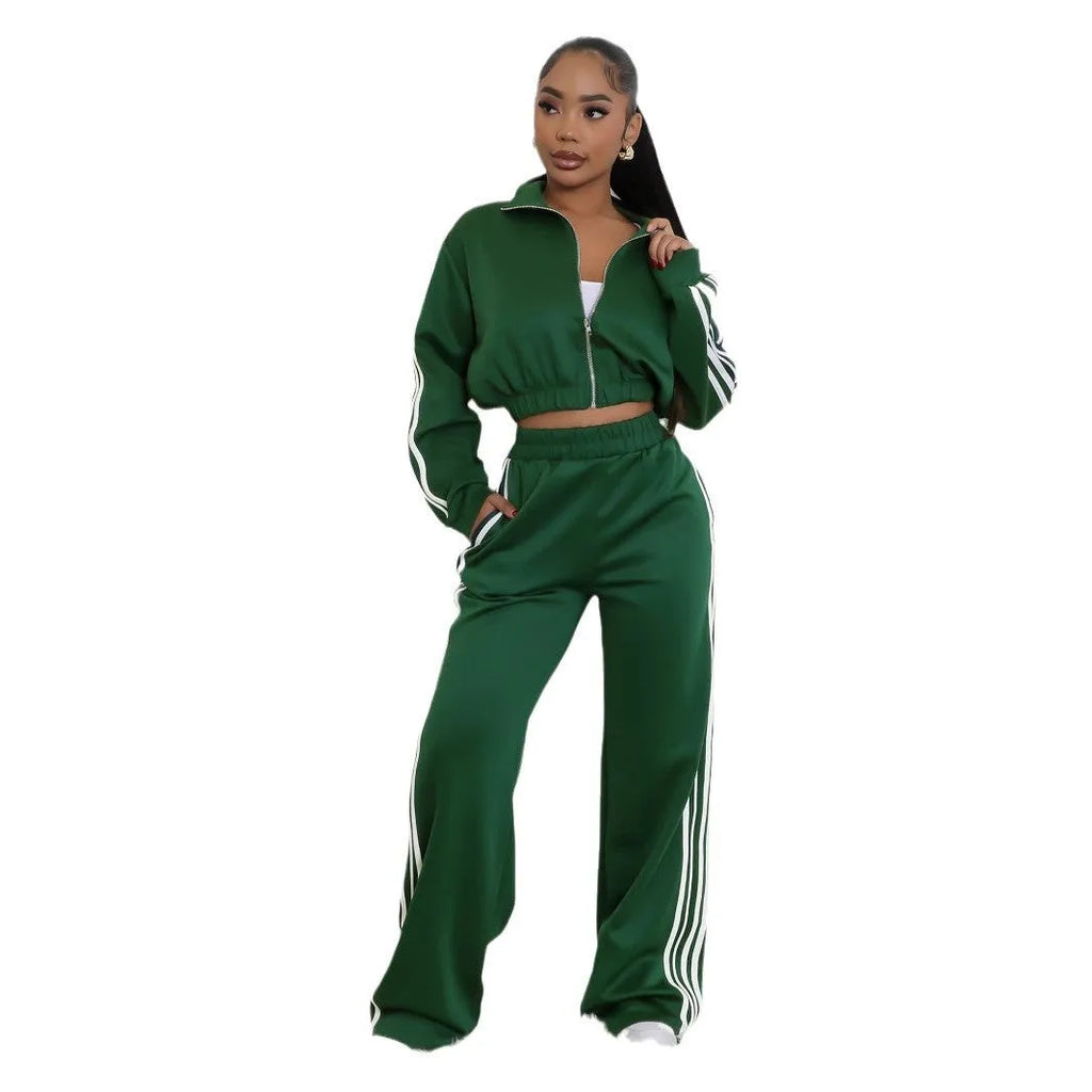 Men's striped polyester suit two-piece set with zipper sweater and trousers in street hipster style