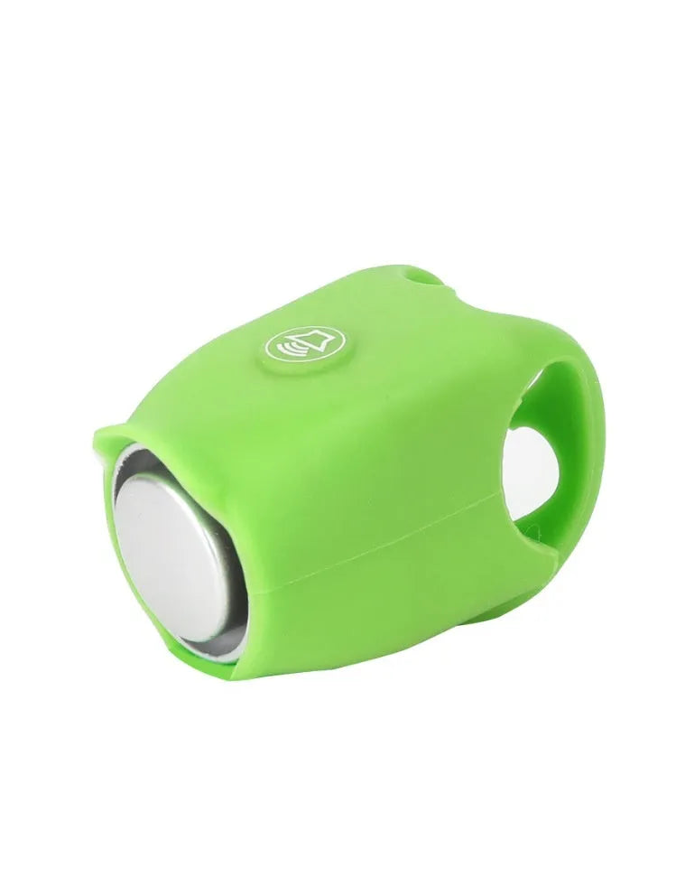 Electronic bicycle horn for handlebars in plastic, available in black green purple white red blue, with button battery power
