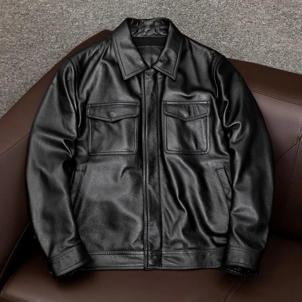 Plus size men's lapel short leather jacket in black or brown with side seam pockets