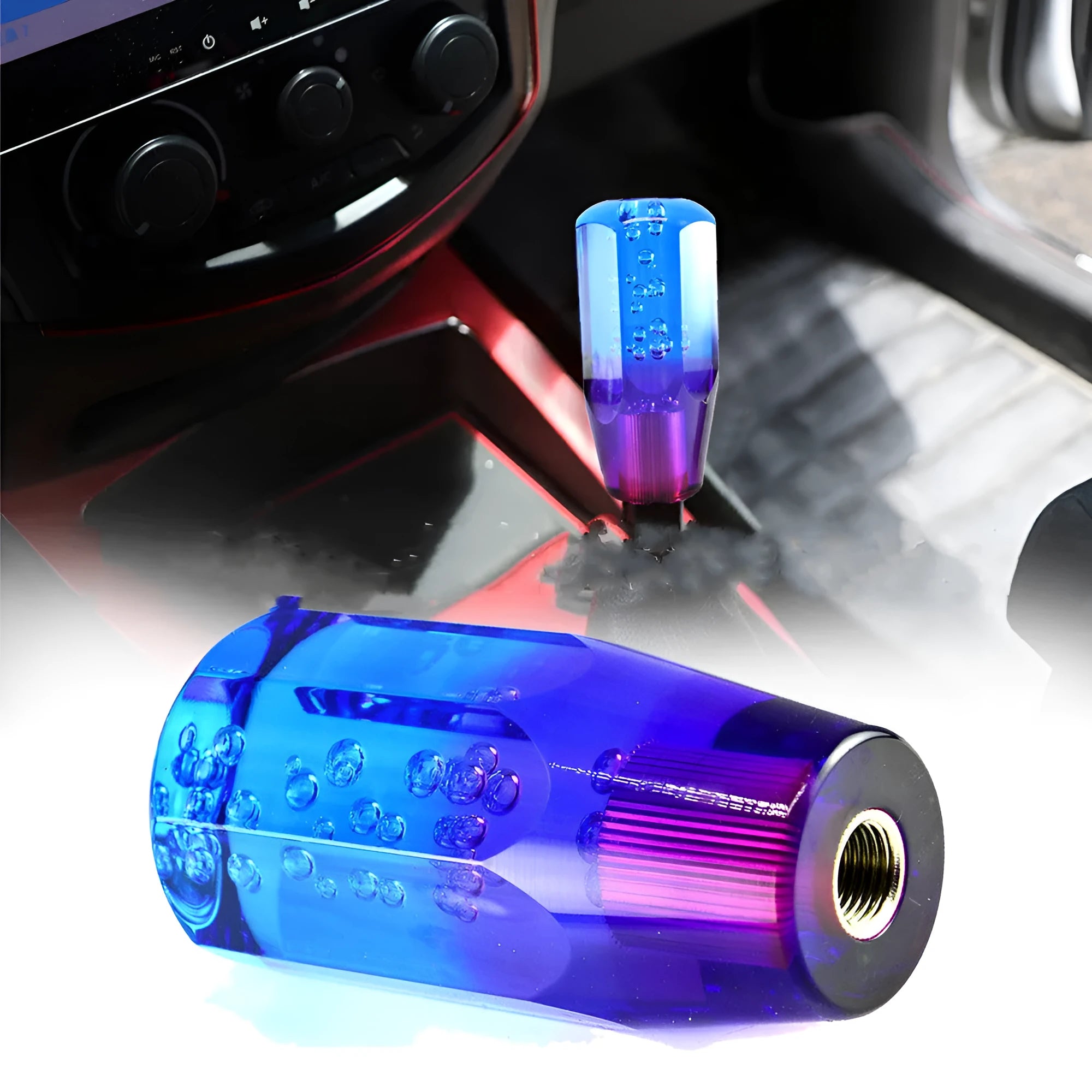 Acrylic crystal gear head shift lever showing two-colour transparent design in vehicle interior
