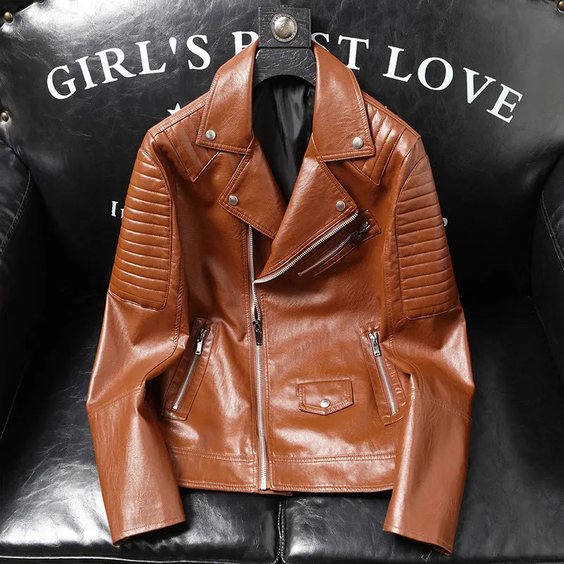 Men's slim-fitting PU biker leather jacket in black, zipper pockets, 50cm length