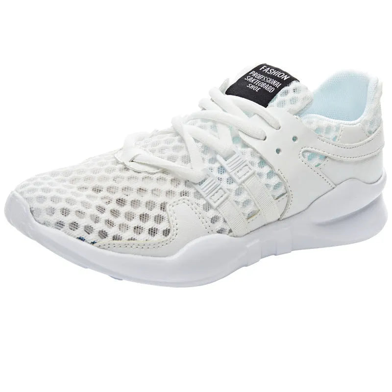 Breathable hollow out mesh sneakers in black and white colour options showing mesh upper construction