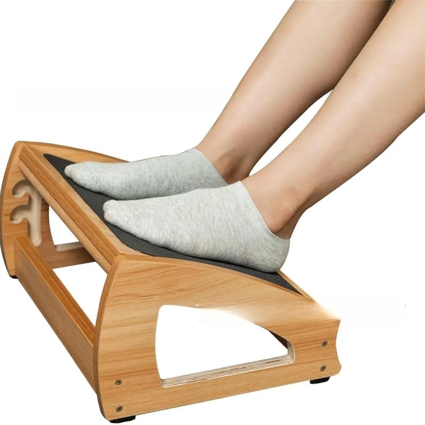 Wooden bamboo office desk footstool in a natural wood colour with a modern minimalist design.