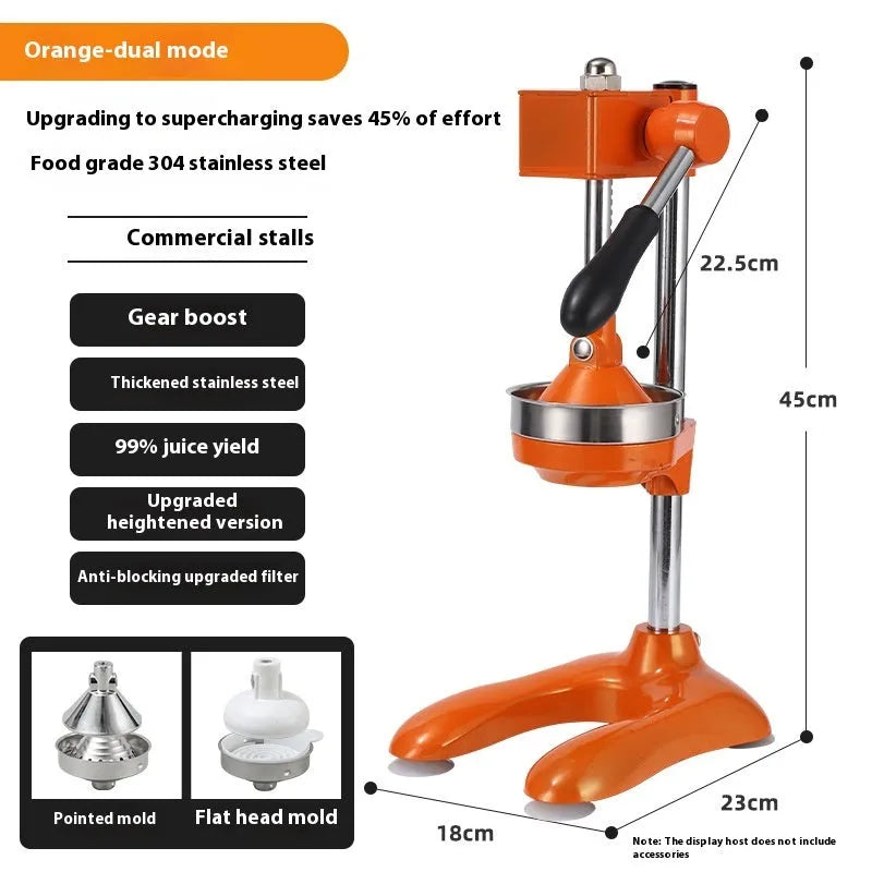 Vertical stainless steel manual juicer showing colour options and tip style variations