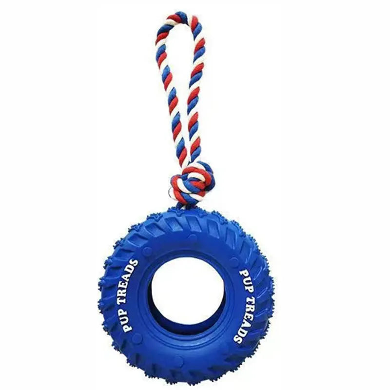 Tough natural rubber dog chew toy shaped like a tire with rope, black colour, for large dogs