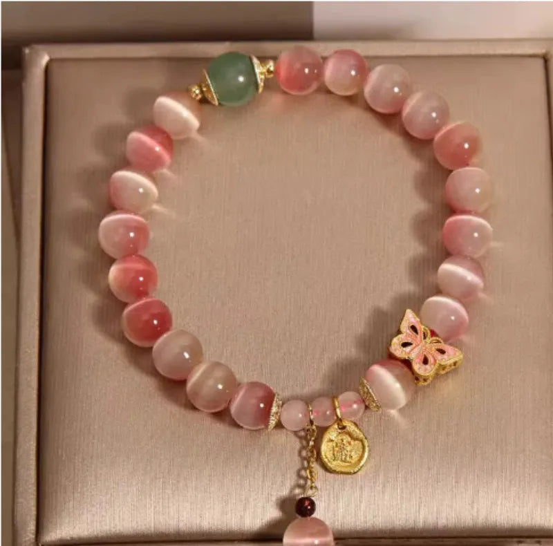 Pink opal butterfly women's bracelet with Chinese design elements
