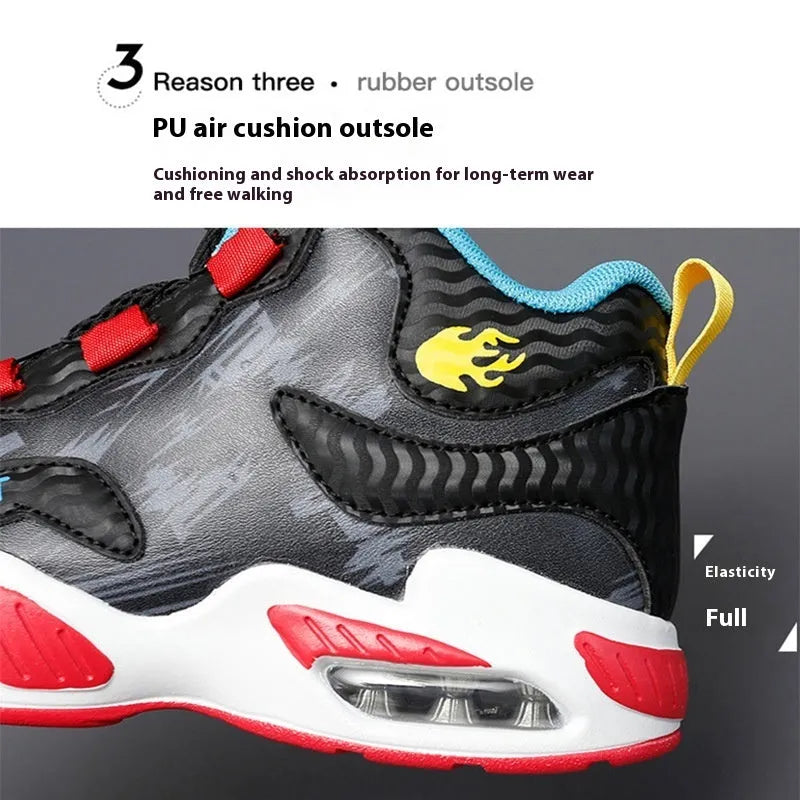 Children's rotating button basketball shoes in black synthetic leather with a cushioned PU sole.