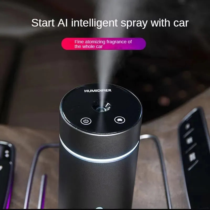 Aluminium portable car humidifier and essential oil diffuser with night light on a black USB cable.