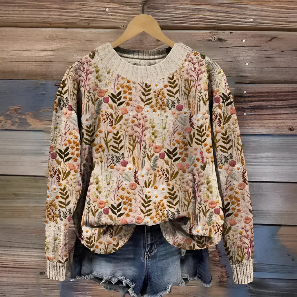 Women's little flower digital printed round neck sweater in polyester, shown in a selected colour from the YPM935 series.