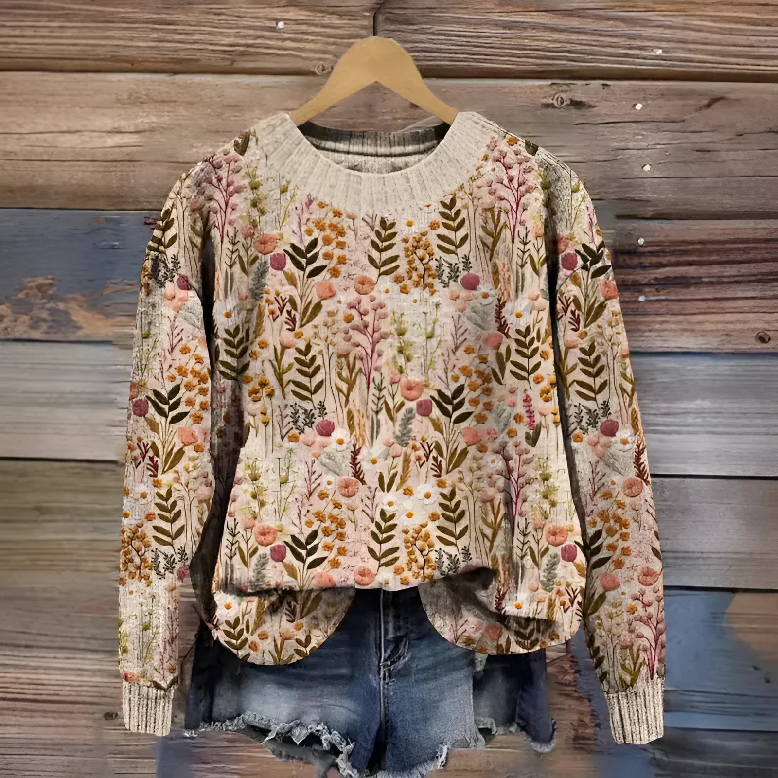 Women's little flower digital printed round neck sweater in polyester, shown in a selected colour from the YPM935 series.