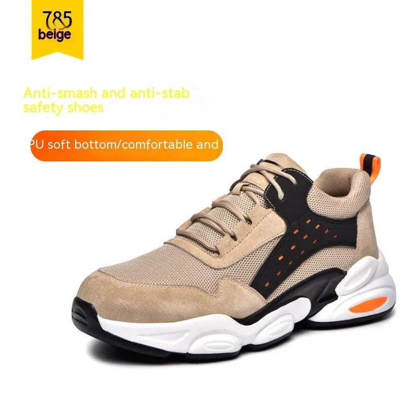 Mesh breathable black labour insurance safety shoes with anti-smash anti-puncture features on grey background