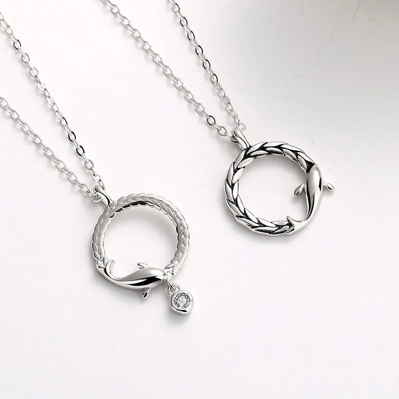 S925 sterling silver fish pendant necklace with diamond-encrusted finish and silver chain