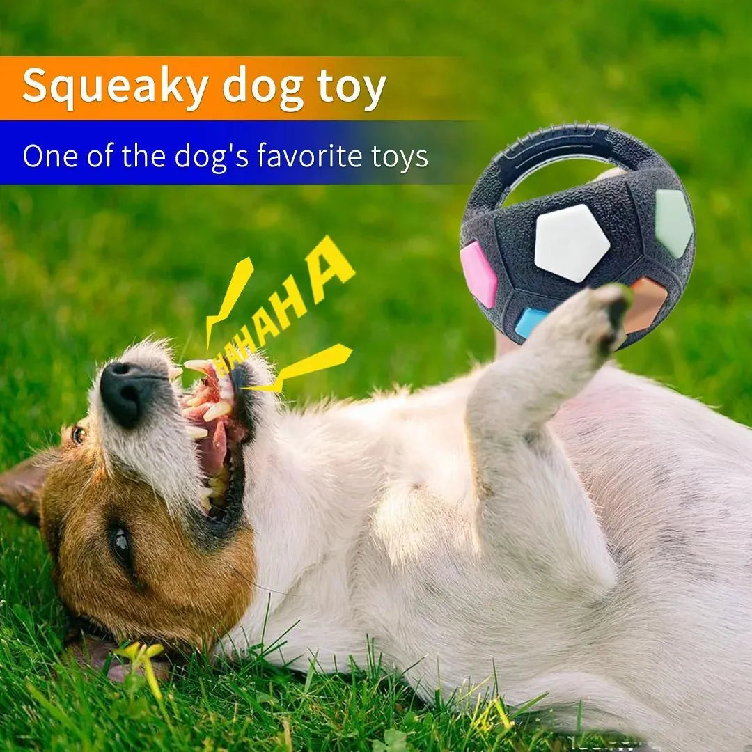 Football tennis ball shaped dog toy in black with squeaker for fetch and teething relief