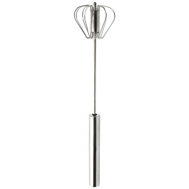 Semi-automatic manual egg beater whisk in stainless steel and white plastic